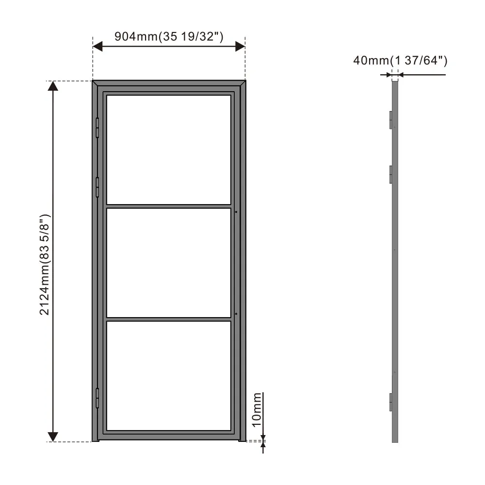 36 in. x 85 in. 3 Lite Frost Glass Black Steel Frame Prehung Interior Door with Door Handle