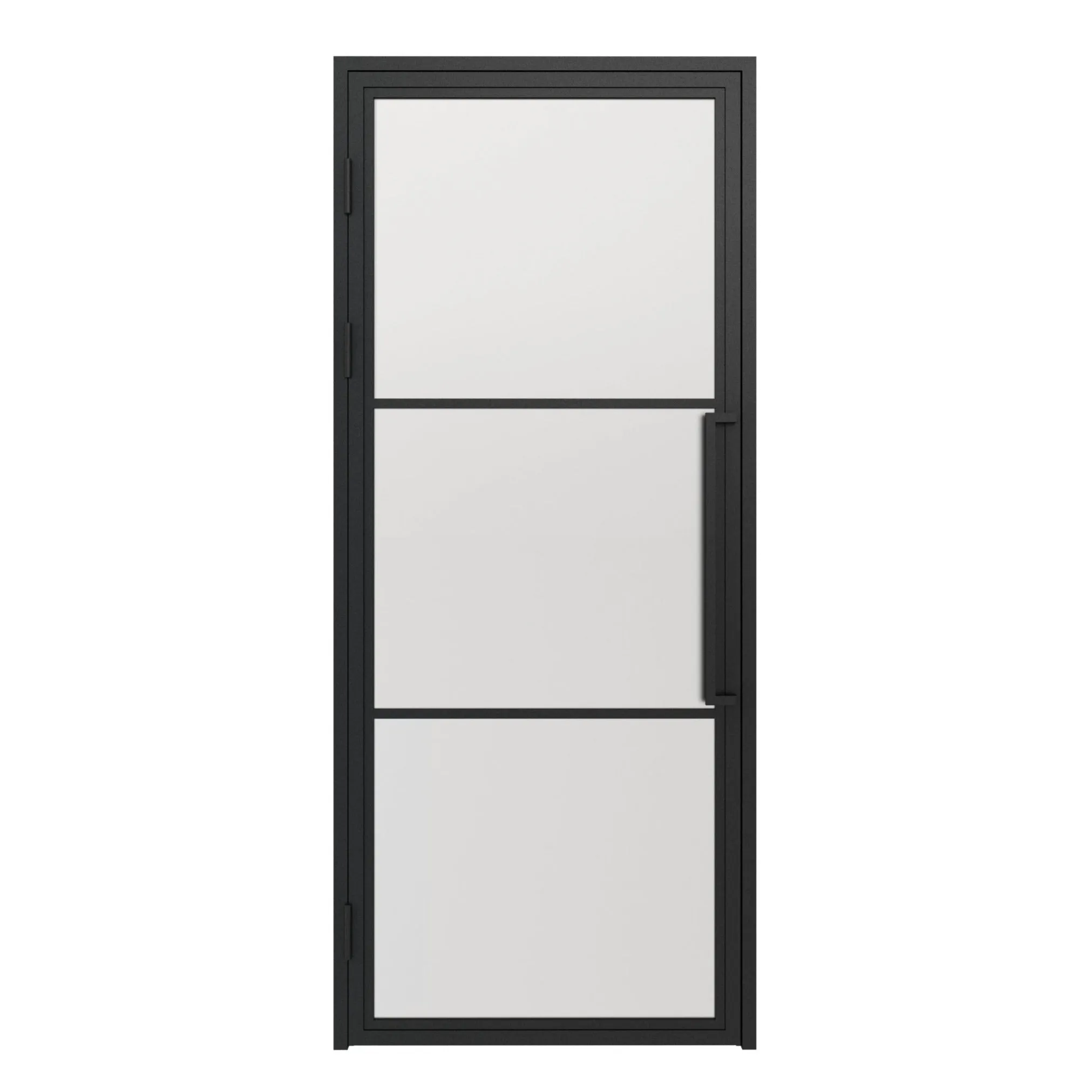 36 in. x 85 in. 3 Lite Frost Glass Black Steel Frame Prehung Interior Door with Door Handle