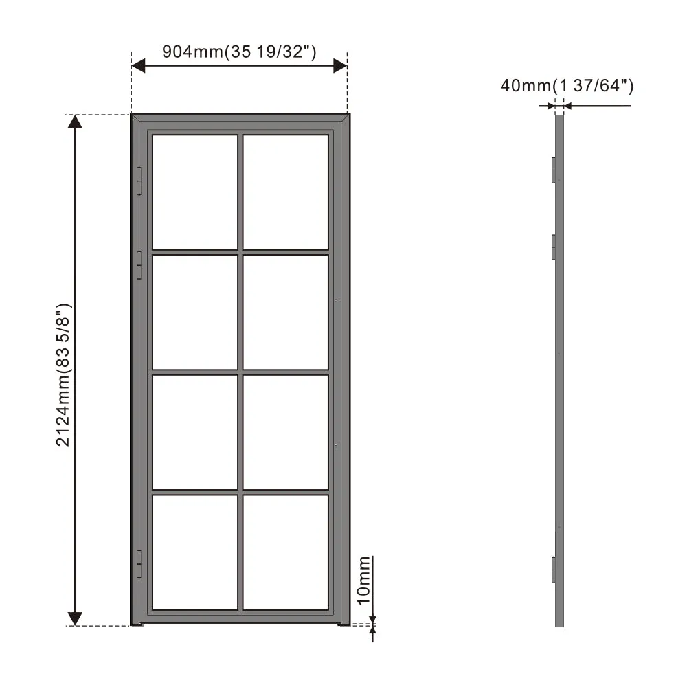 36 in. x 85 in. 8 Lite Frost Glass Black Steel Frame Prehung Interior Door with Door Handle