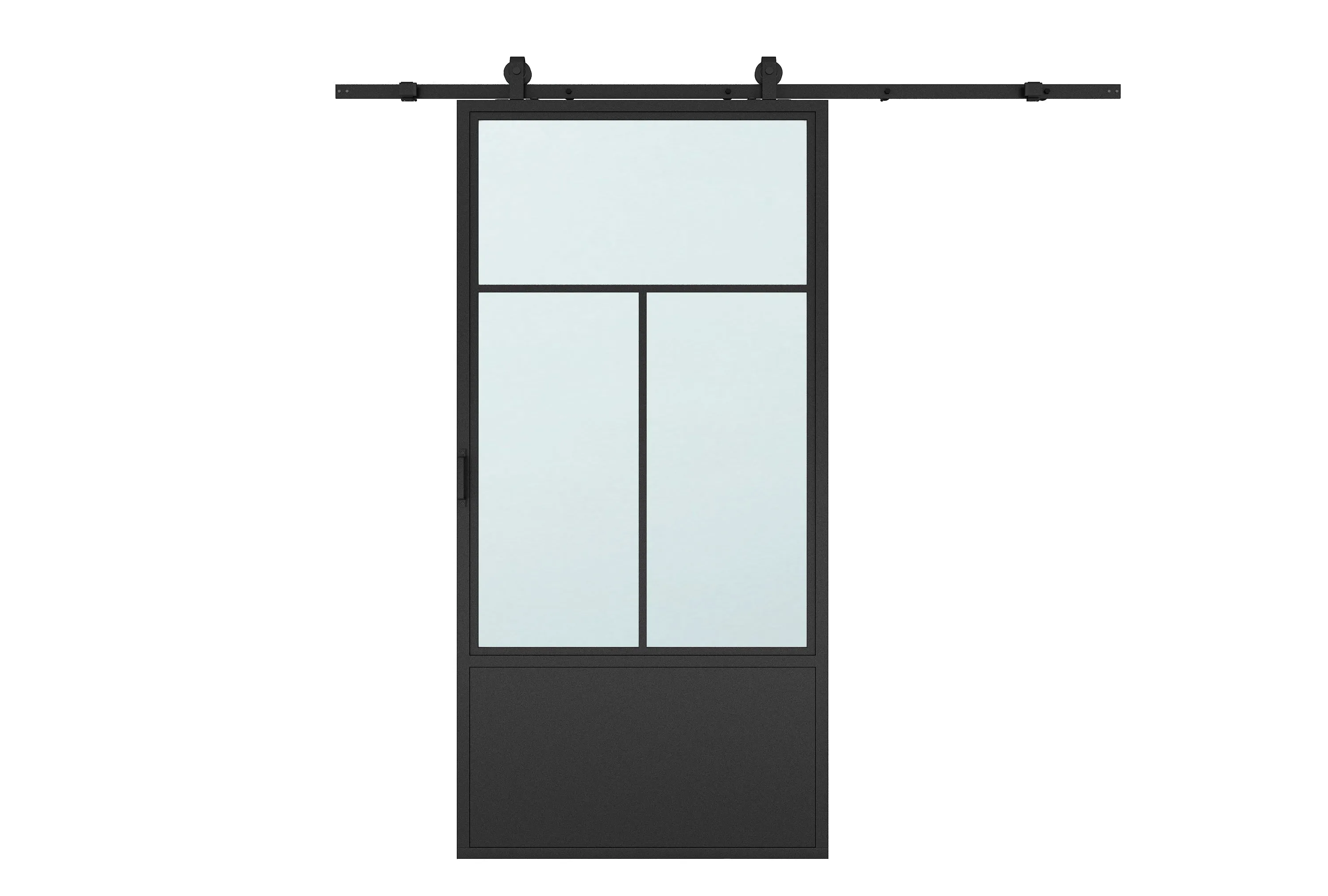 37 in. x 84 in. 3-Lite Tempered Frosted Glass Barn Door Steel Frame Sliding Hardware Kit and Door Handle