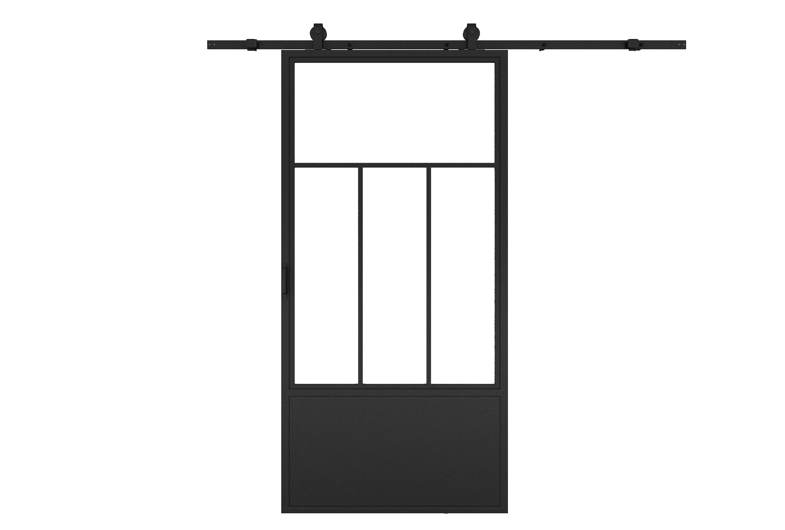 37 in. x 84 in. 4-Lite Tempered Clear Glass Barn Door Steel Frame Sliding Hardware Kit and Door Handle