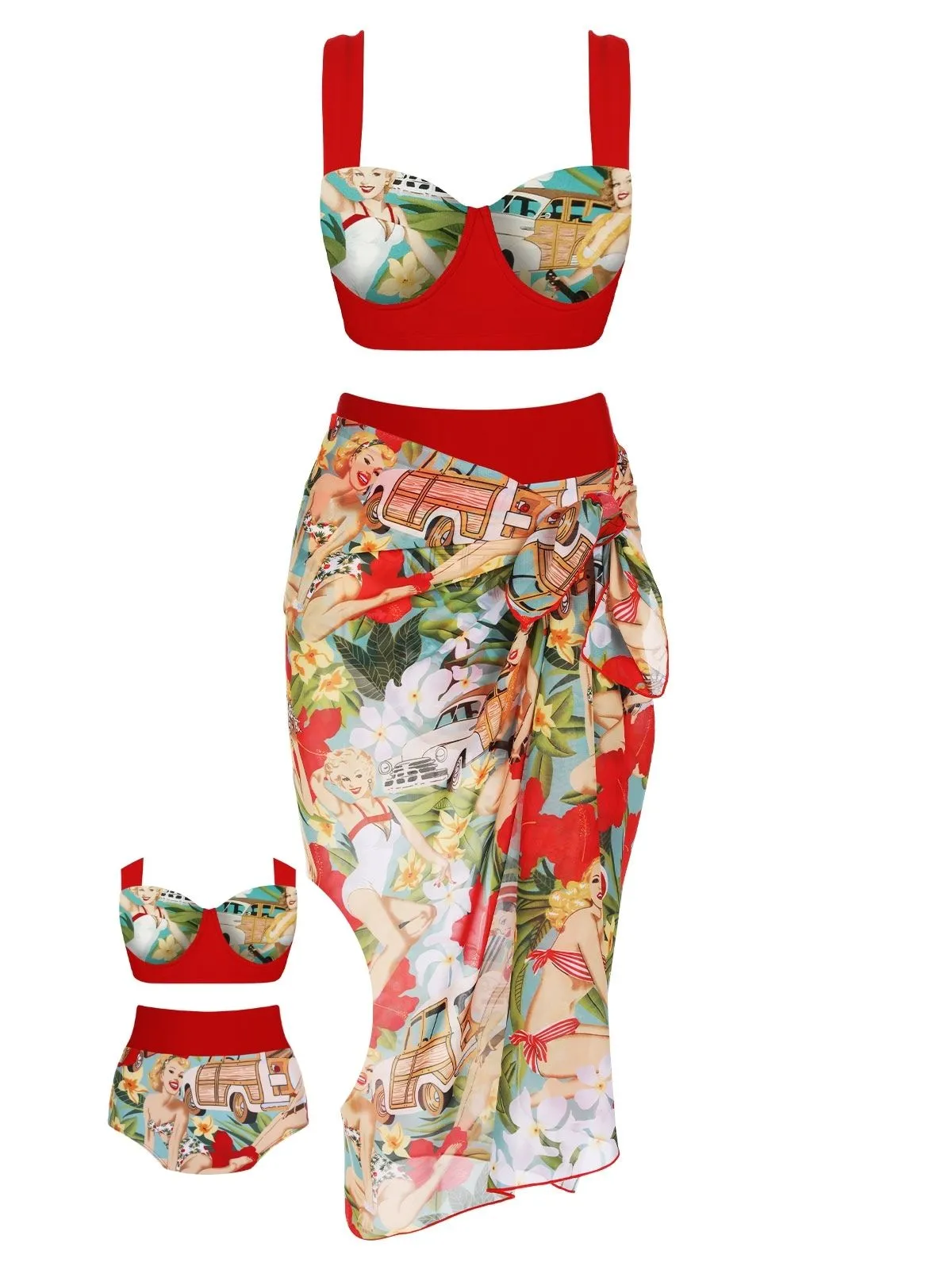 3PCS Red Retro Lady Bikini Set