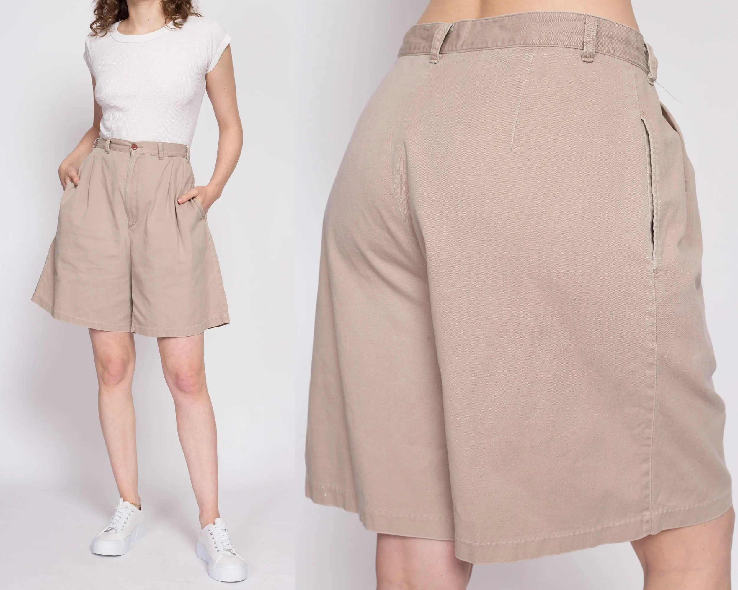 80s Khaki Pleated Cotton Shorts - Large, 31"