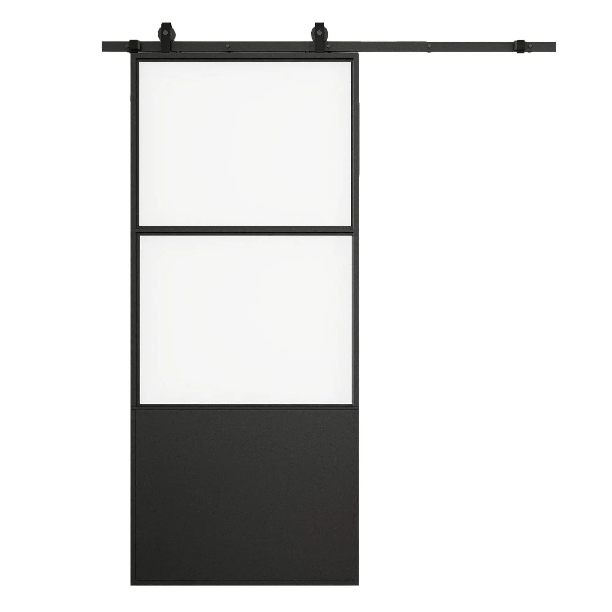 84 in. x 36 in. 2-Lite Tempered Glass Barn Door Steel Frame Sliding Hardware Kit and Door Handle