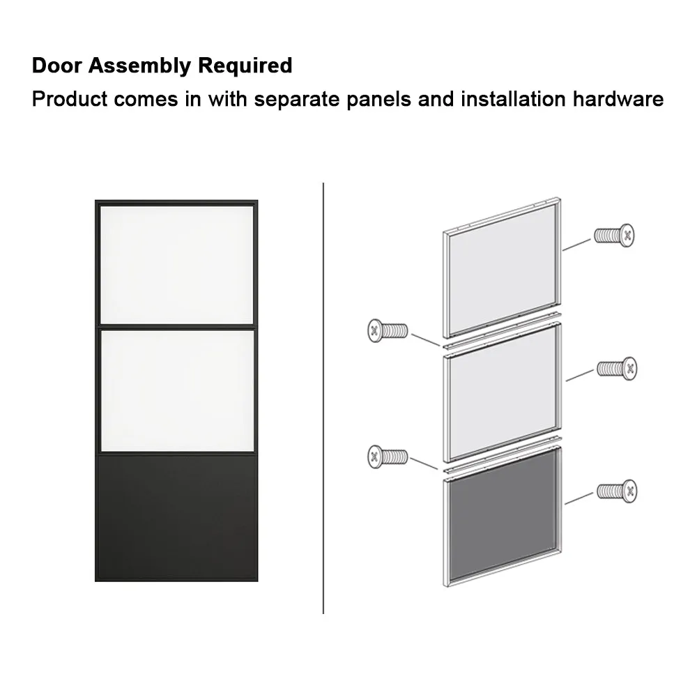 84 in. x 36 in. 2-Lite Tempered Glass Barn Door Steel Frame Sliding Hardware Kit and Door Handle