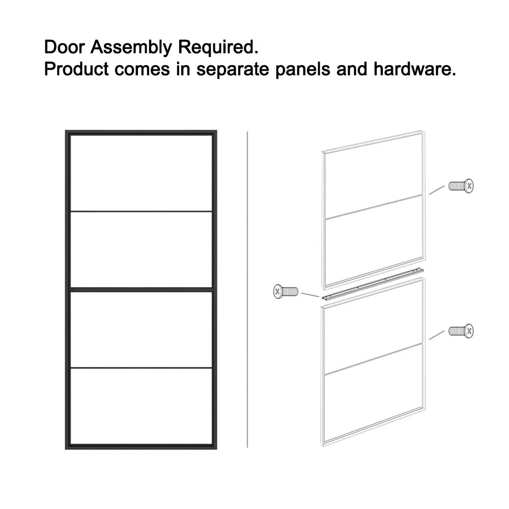 84 in. x 36 in. 4-Lite Tempered Glass Barn Door Steel Frame Sliding Hardware Kit and Door Handle