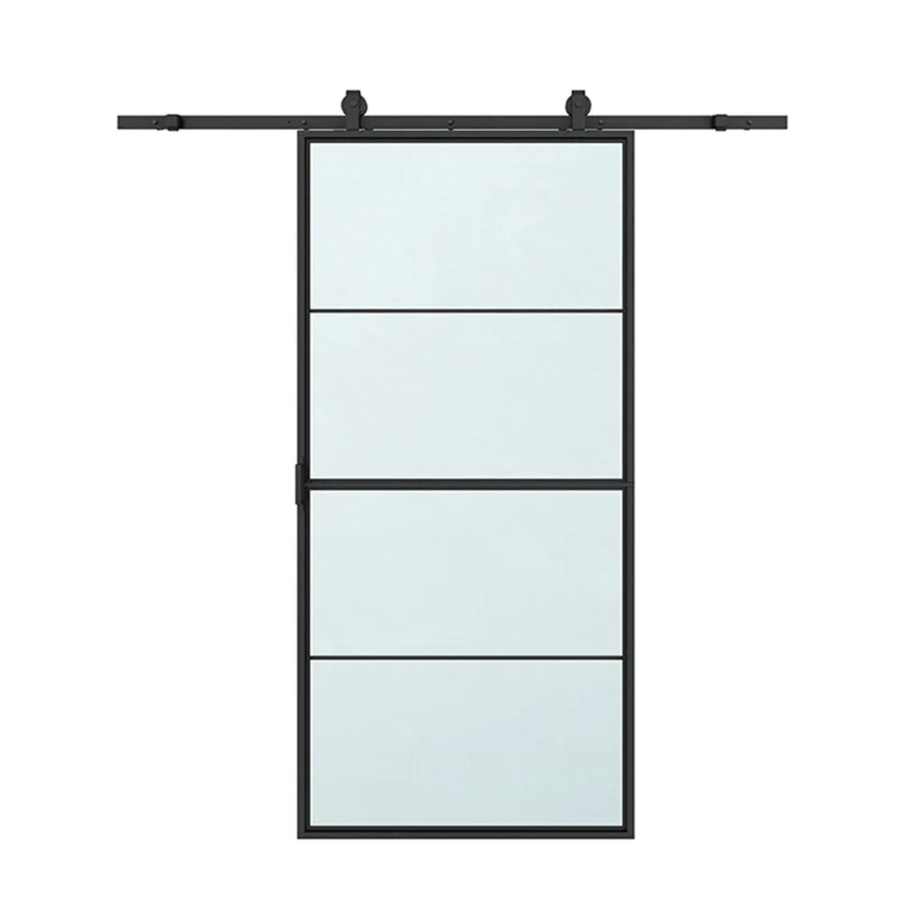 84 in. x 36 in. 4-Lite Tempered Glass Barn Door Steel Frame Sliding Hardware Kit and Door Handle