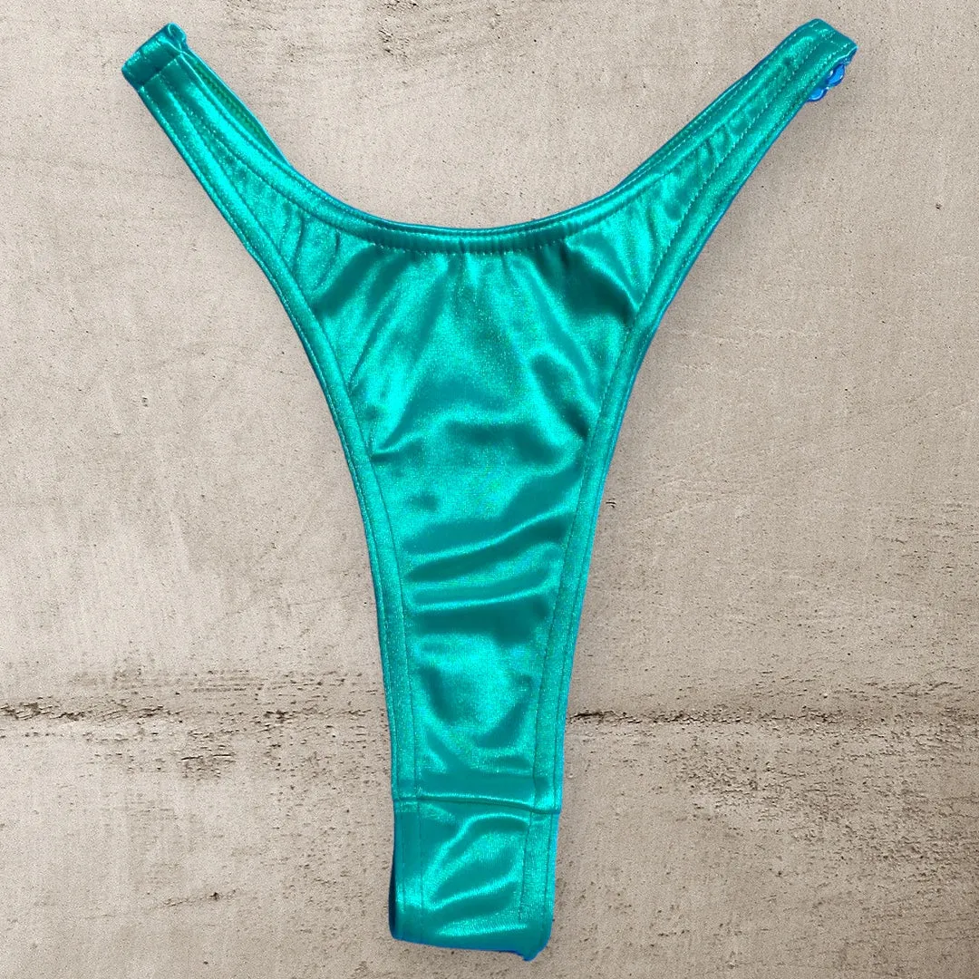 90's Teal Satin Clip-Side Thong Minimalist Bikini Bottom, Ultra Flattering Fit | MEDIUM