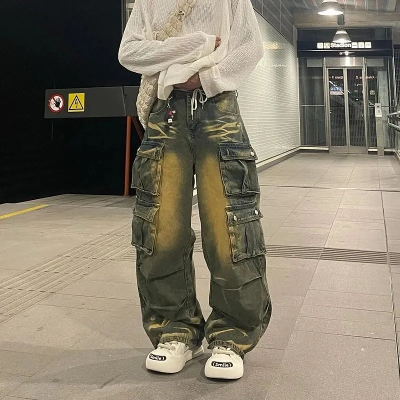 Advbridge Y2k Hip Hop Retro Streetwear Mens Jeans Distressed Faded Washed Oversized Pockets Loose Cargo Pants High Street Wide Leg Pants