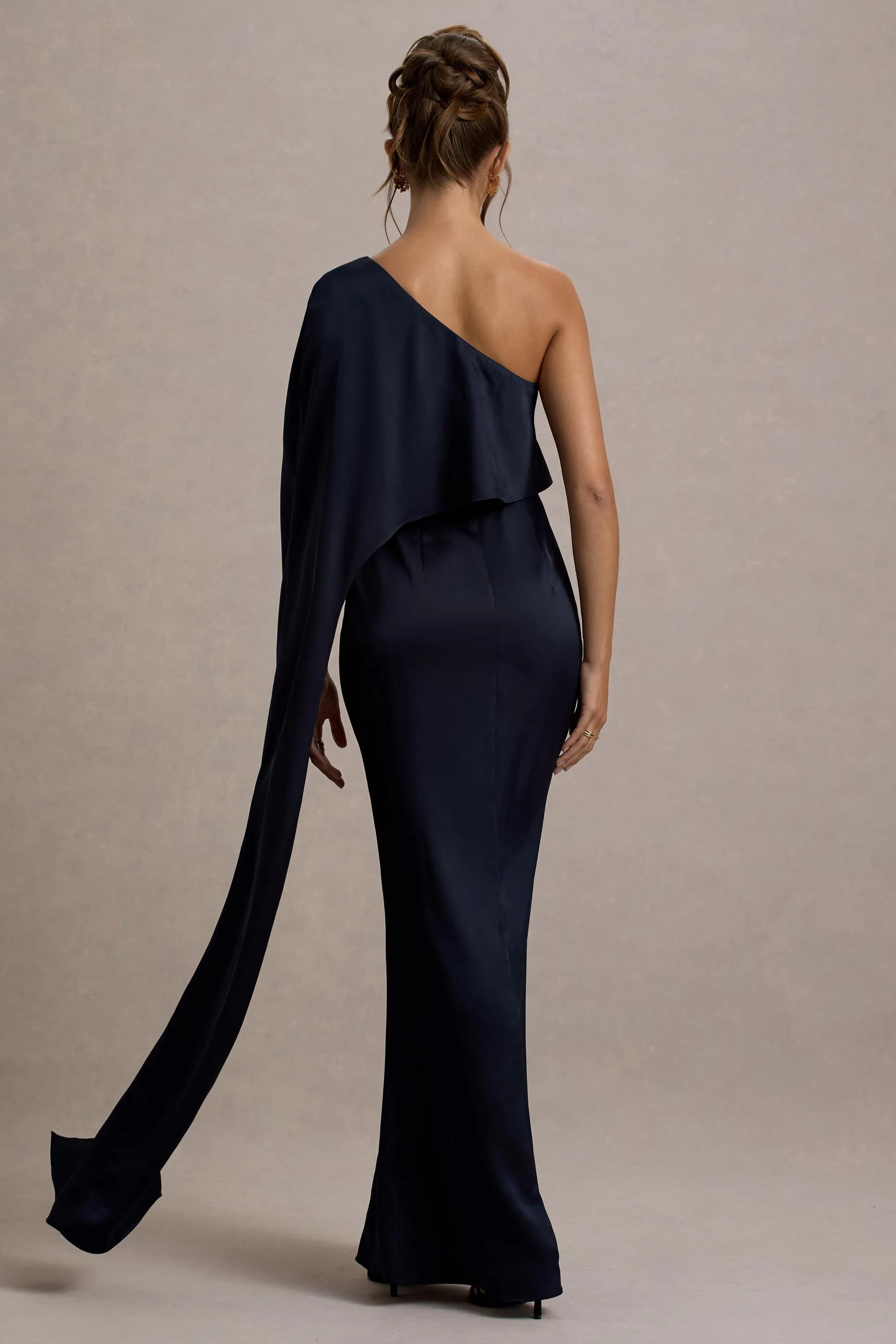 Amora | Navy Satin Asymmetric Cape-Sleeve Split Maxi Dress