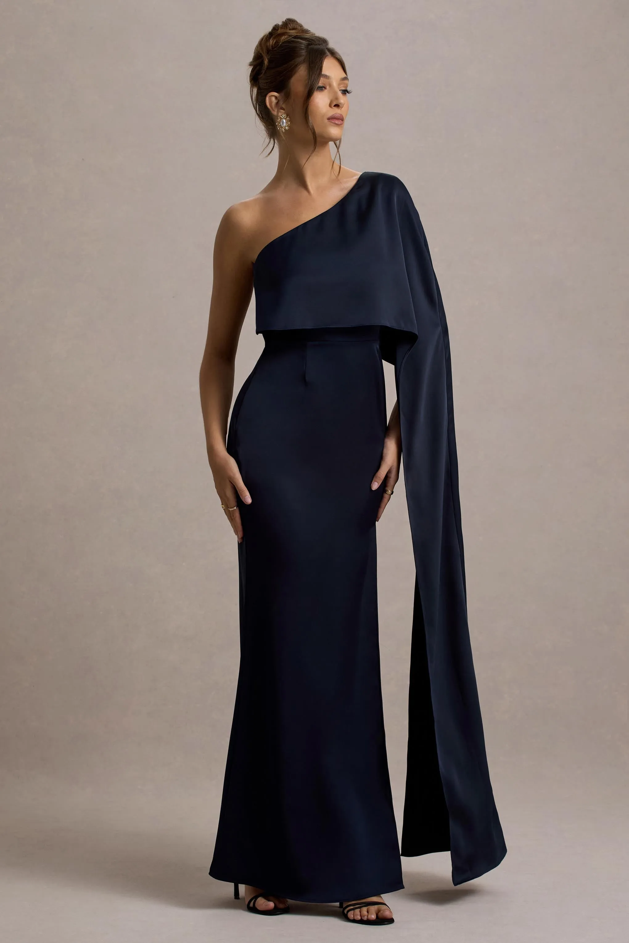 Amora | Navy Satin Asymmetric Cape-Sleeve Split Maxi Dress