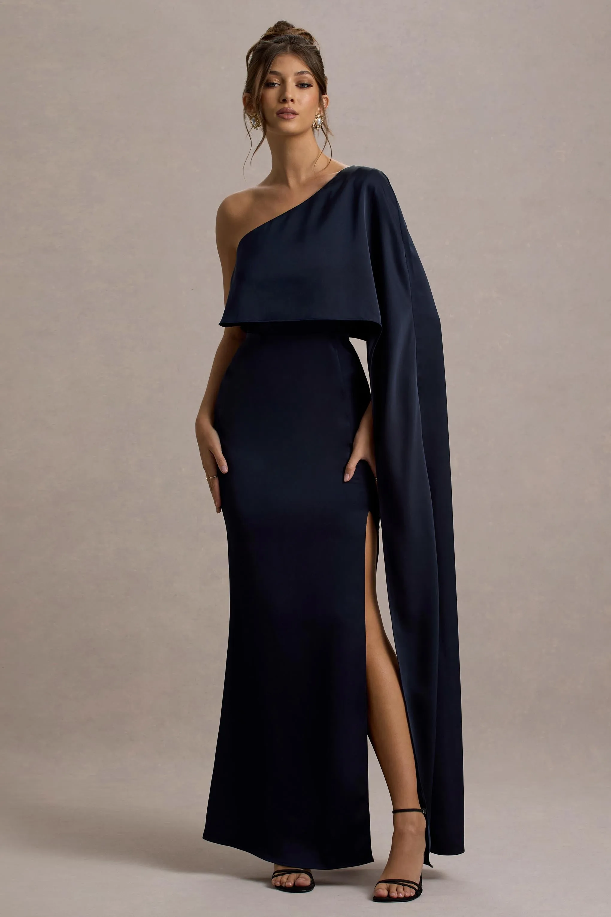 Amora | Navy Satin Asymmetric Cape-Sleeve Split Maxi Dress