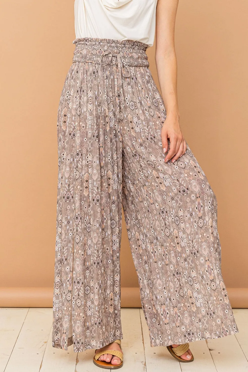 And The Why Printed Smocked Waist Slit Wide Leg Pants