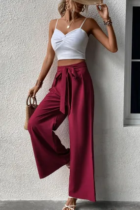 Belted Tie Front Wide Leg Pants