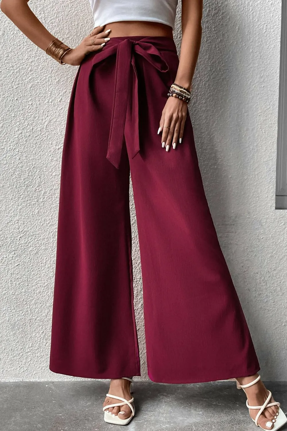 Belted Tie Front Wide Leg Pants