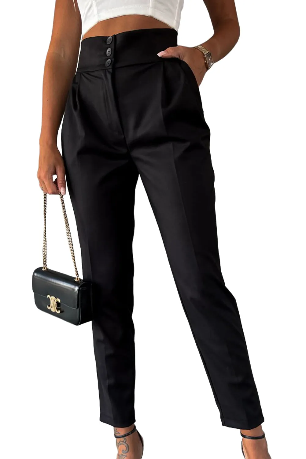 Black Button High Waist Tapered Pants