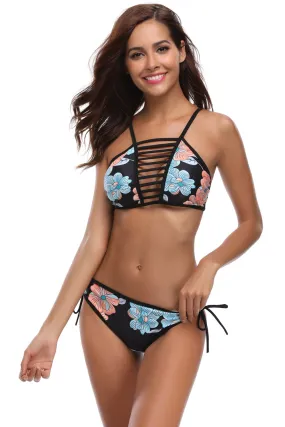 Black Cut Out Floral Bikini Set