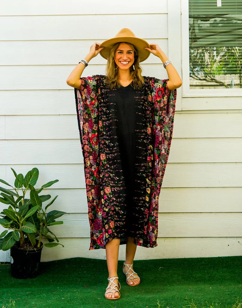 Black Floral Kimono Kaftan Dress