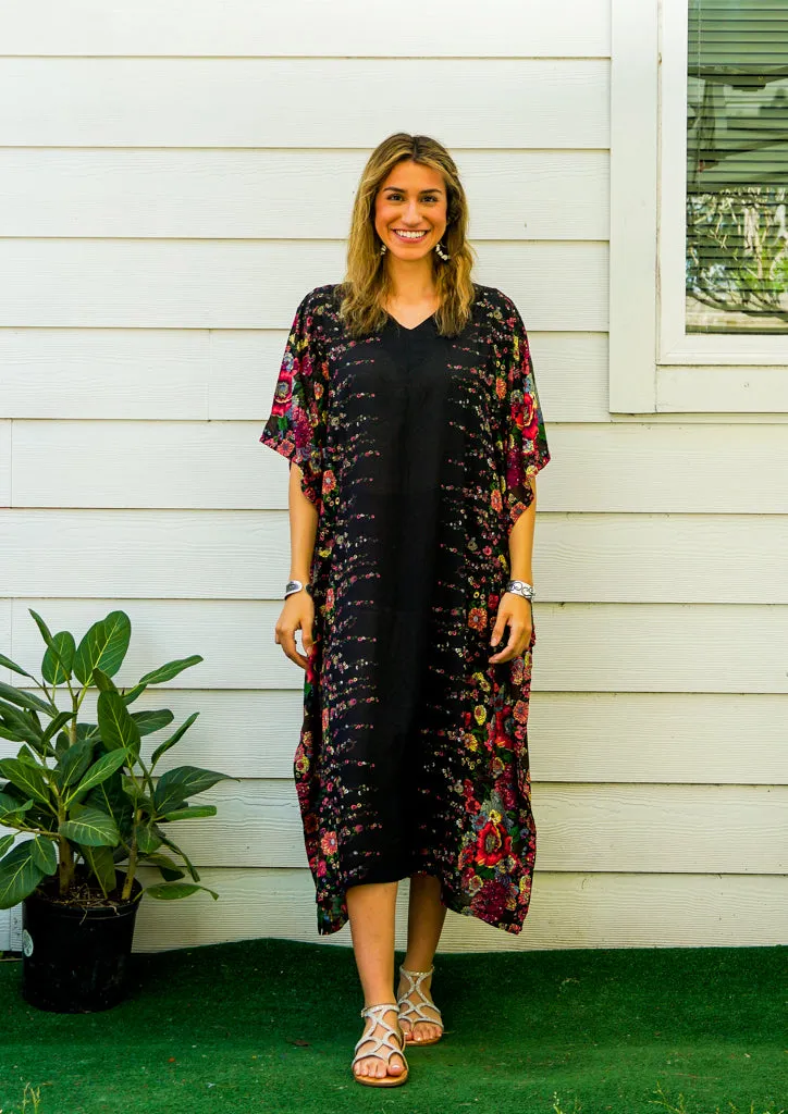 Black Floral Kimono Kaftan Dress