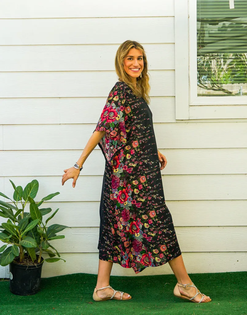 Black Floral Kimono Kaftan Dress