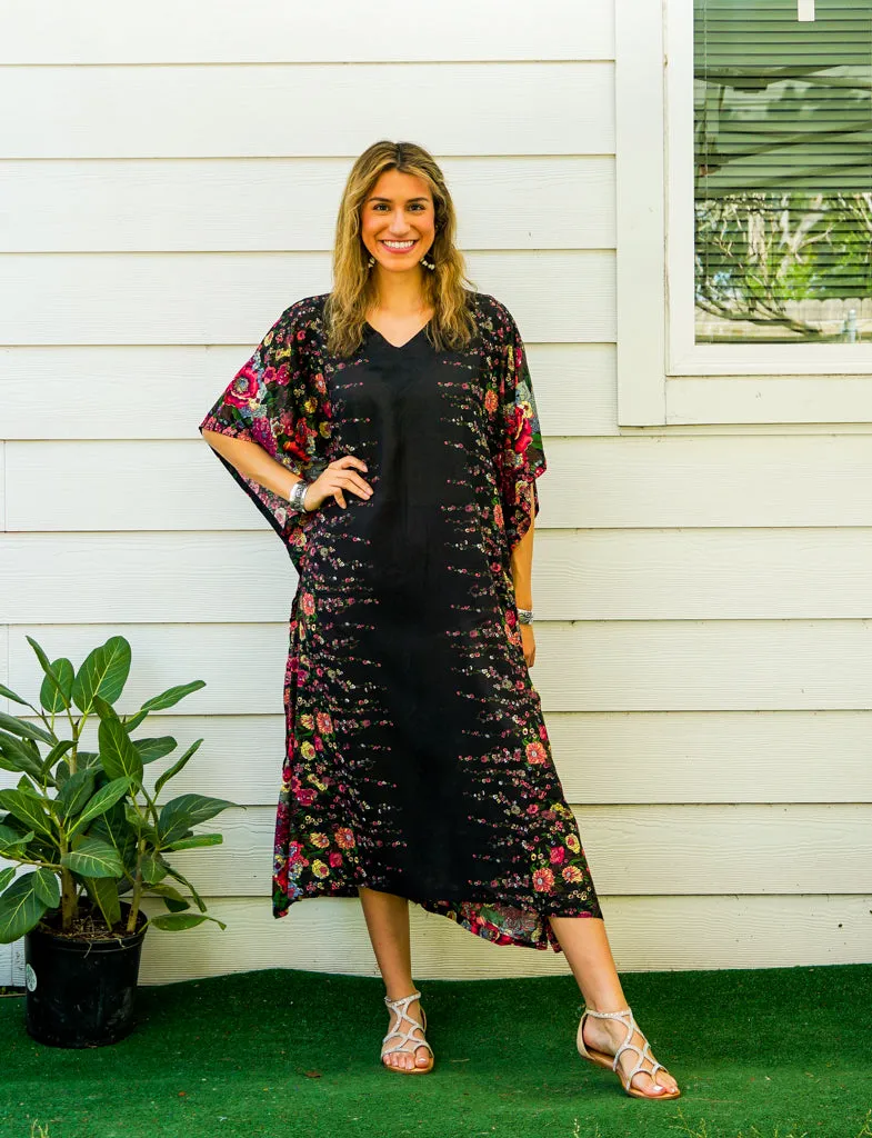 Black Floral Kimono Kaftan Dress