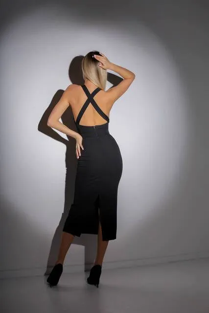 Black Pencil Backless Midi Dress