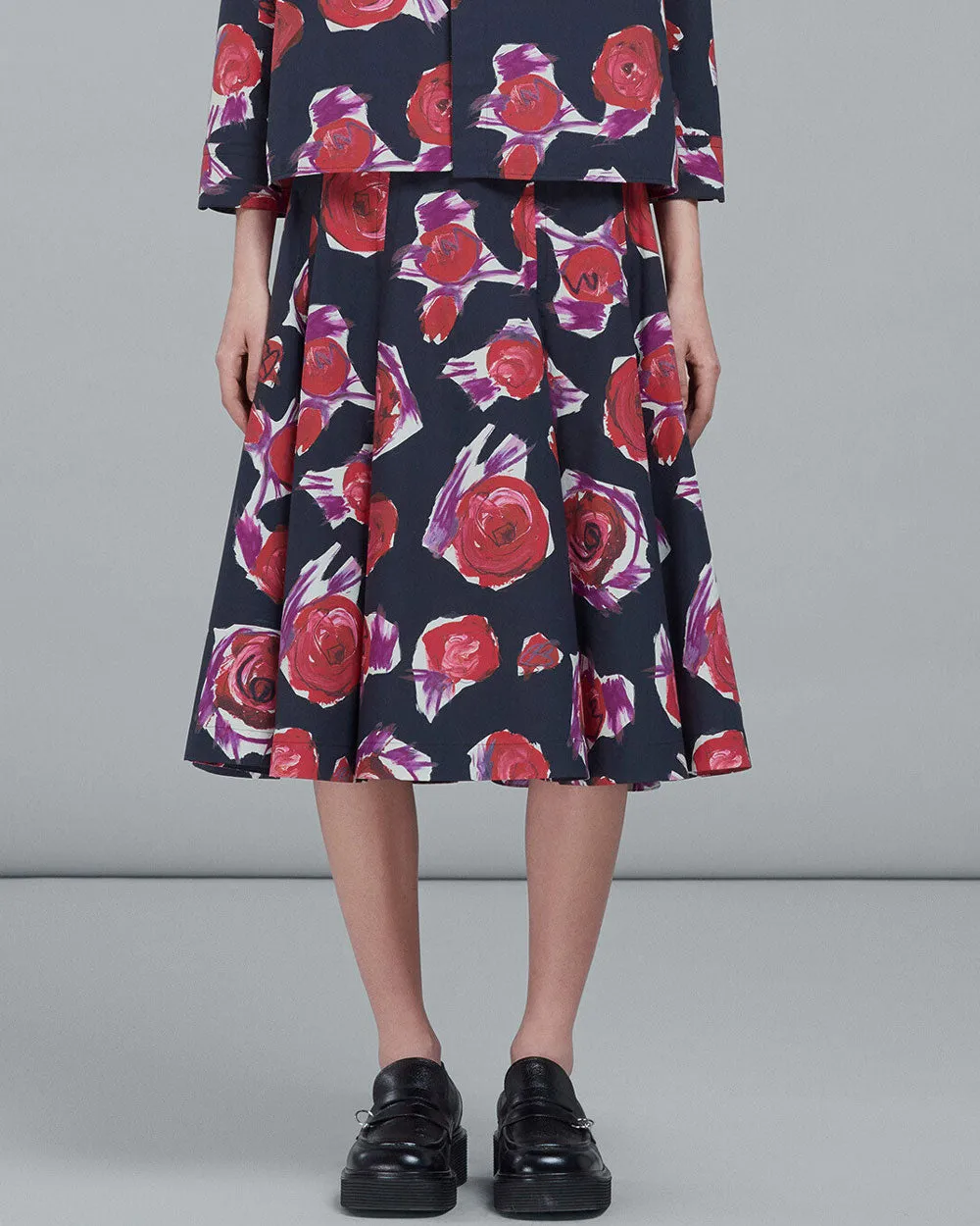 Black Spinning Roses Midi Balloon Skirt