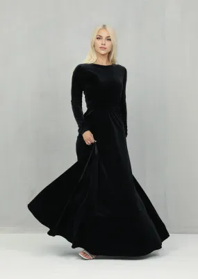 Black Velvet Bridesmaid Dress Long Sleeve Floor-length Maxi Dress Wedding Guest Dress