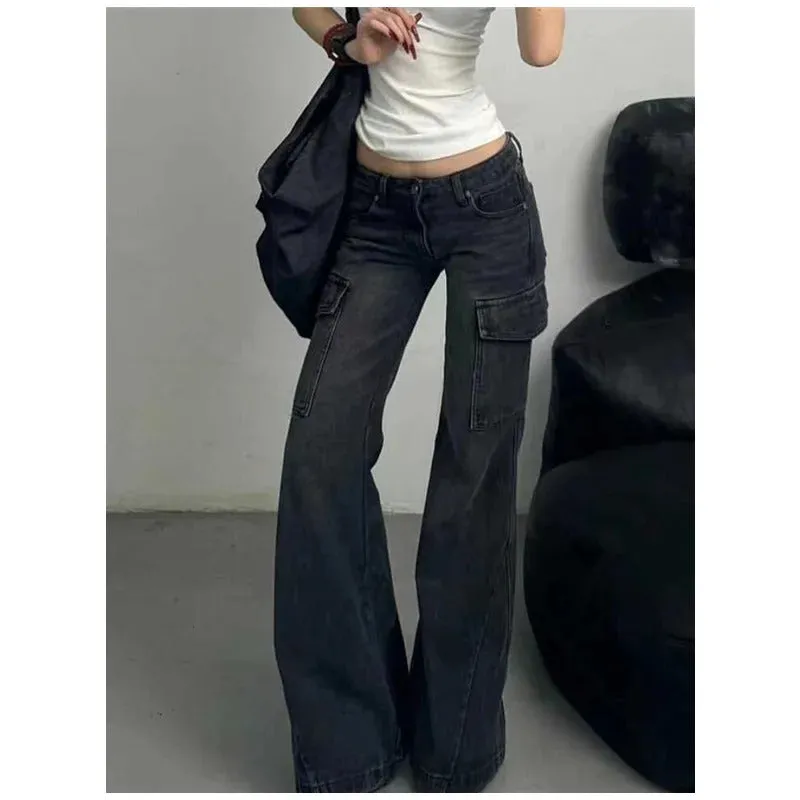 Black Womens Jeans High Waist Vintage Straight Winter Denim Pants Street Multiple Pockets American Wide Leg Baggy Denim Trouser