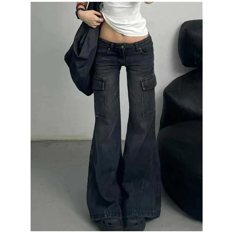 Black Womens Jeans High Waist Vintage Straight Winter Denim Pants Street Multiple Pockets American Wide Leg Baggy Denim Trouser