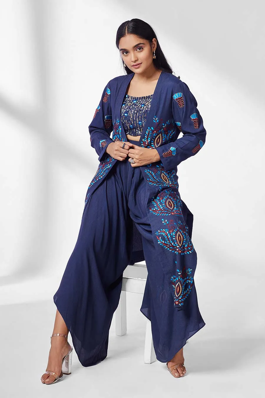 Blue Top & Dhoti Pants Set With Cape