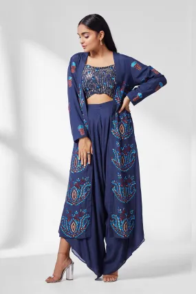 Blue Top & Dhoti Pants Set With Cape