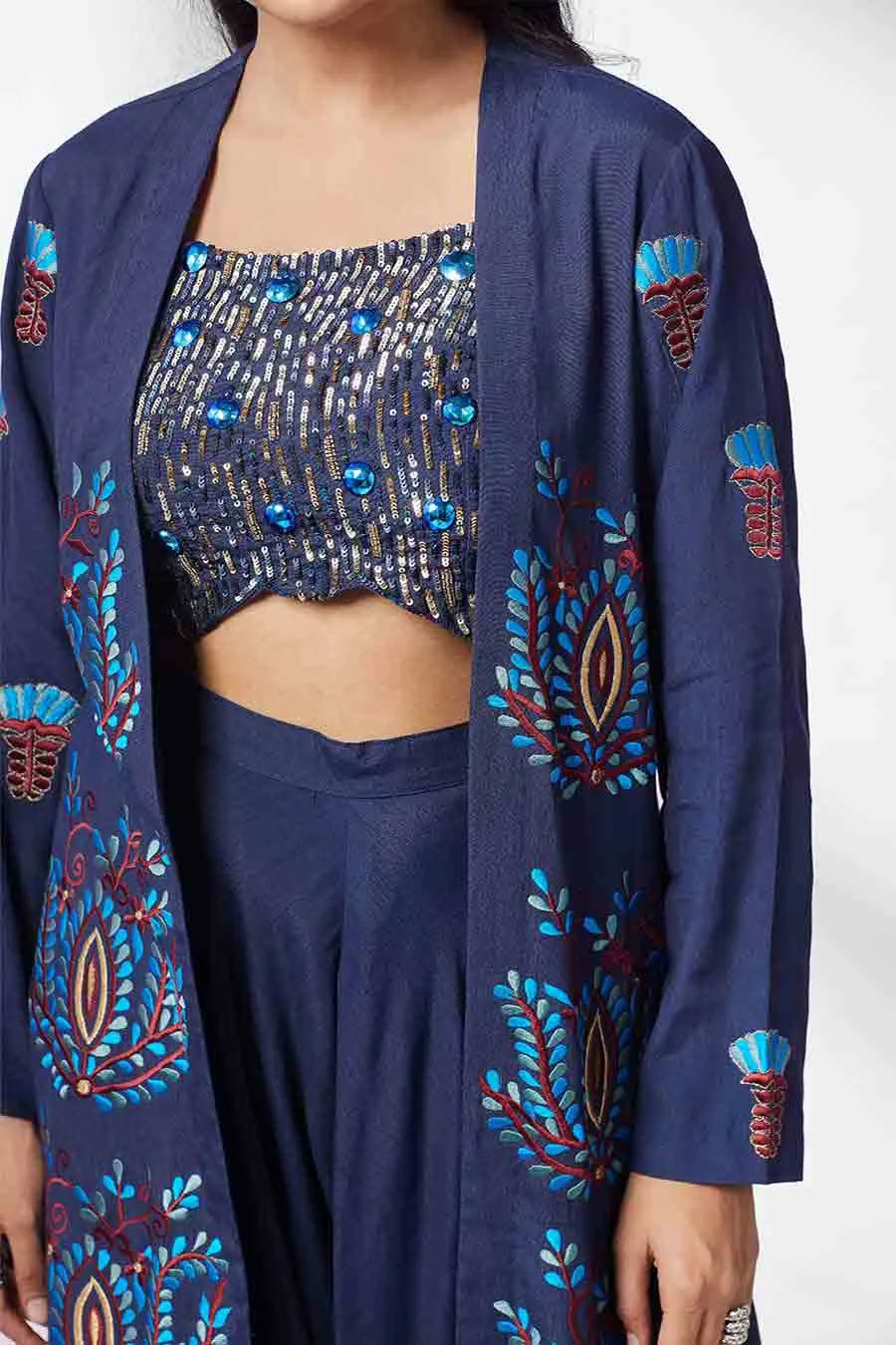 Blue Top & Dhoti Pants Set With Cape