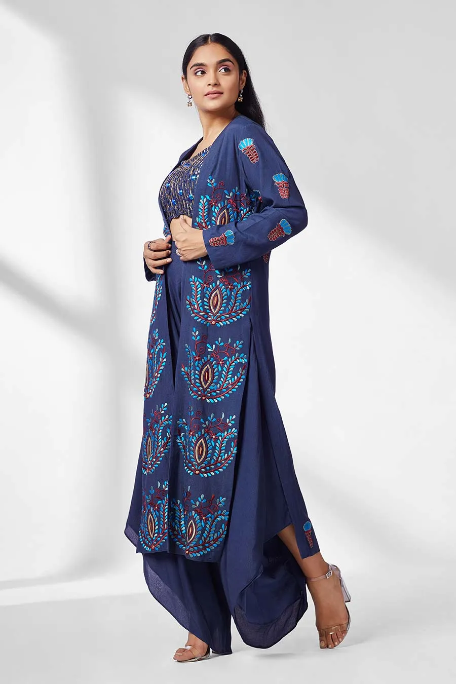 Blue Top & Dhoti Pants Set With Cape