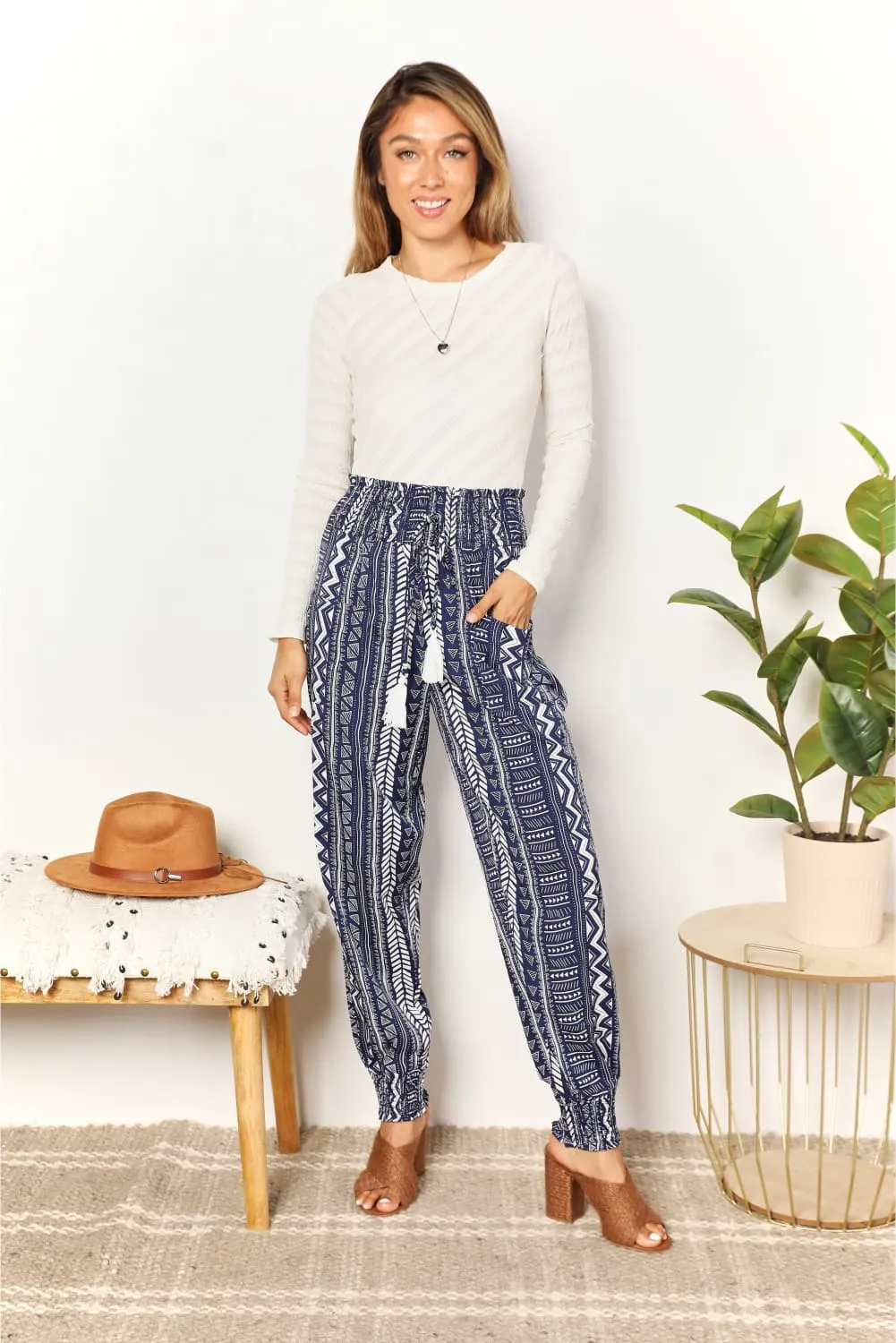 Boho Print Tassel High-Rise Pants in Navy