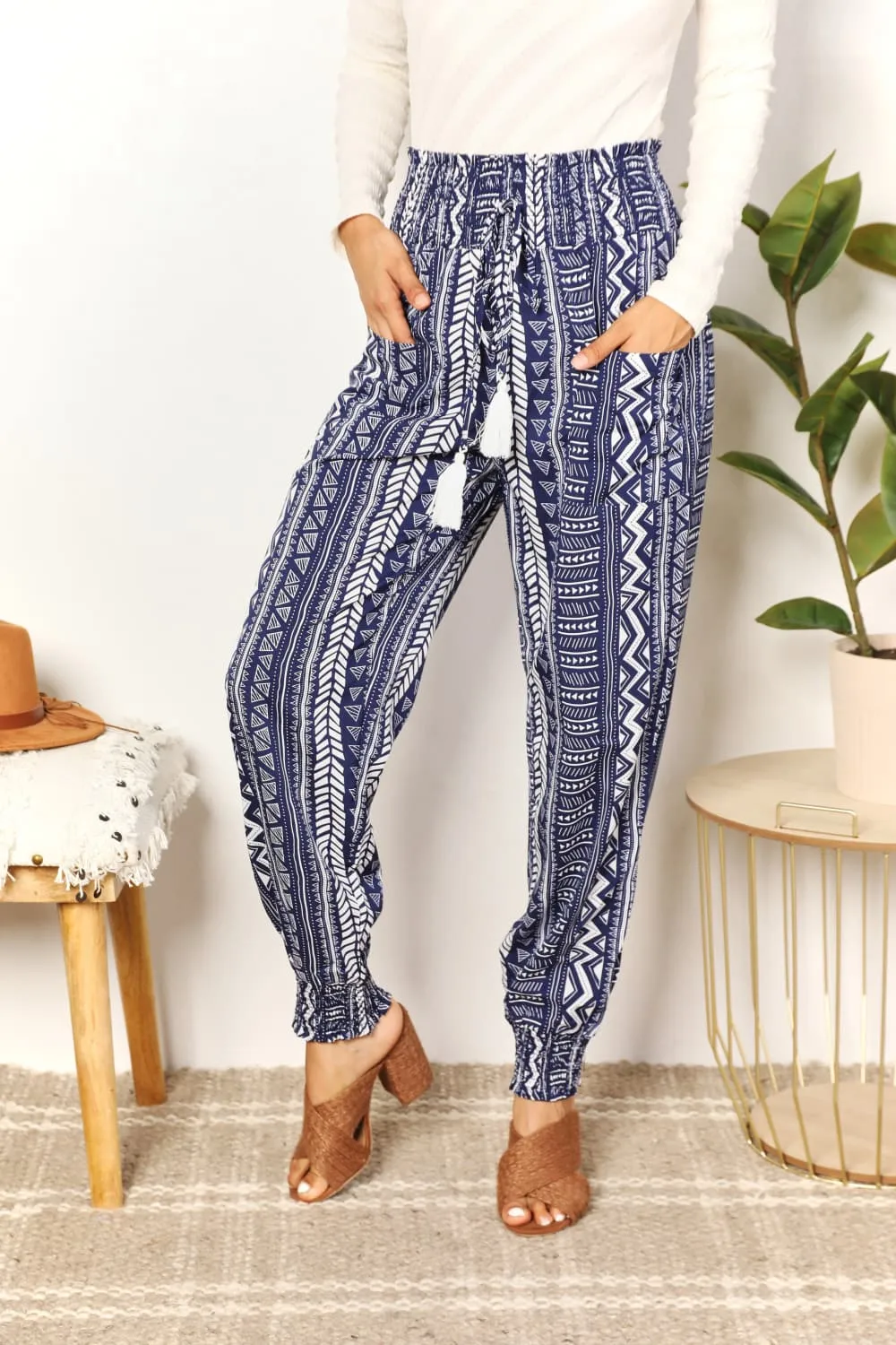 Boho Print Tassel High-Rise Pants in Navy