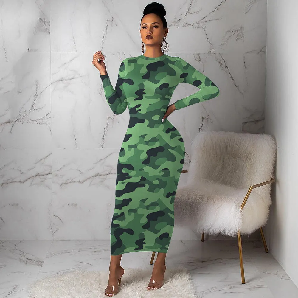 Camo Slim Bodycon Long Sleeve Dress