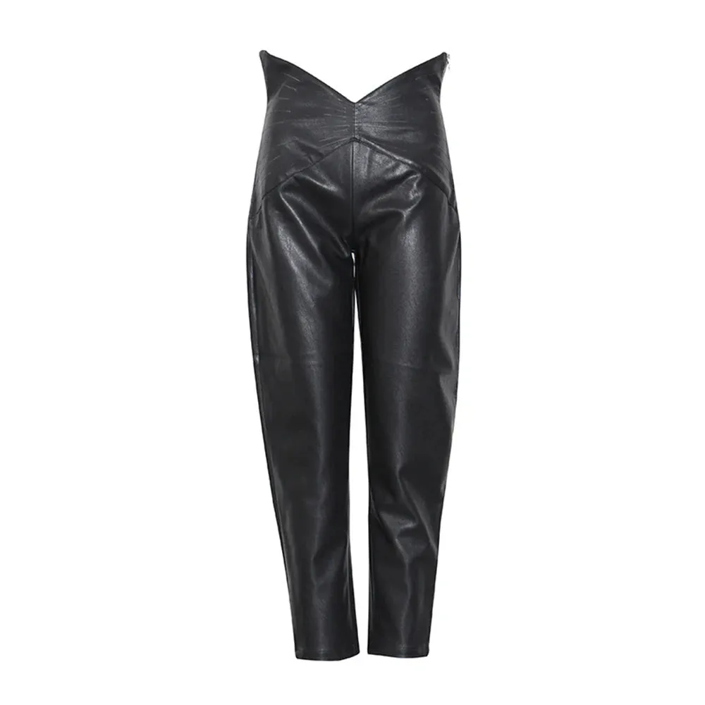 Casual Minimalist Black Pants For Women High Waist PU Leather Harem Pants Female Fashion Clothing Spring