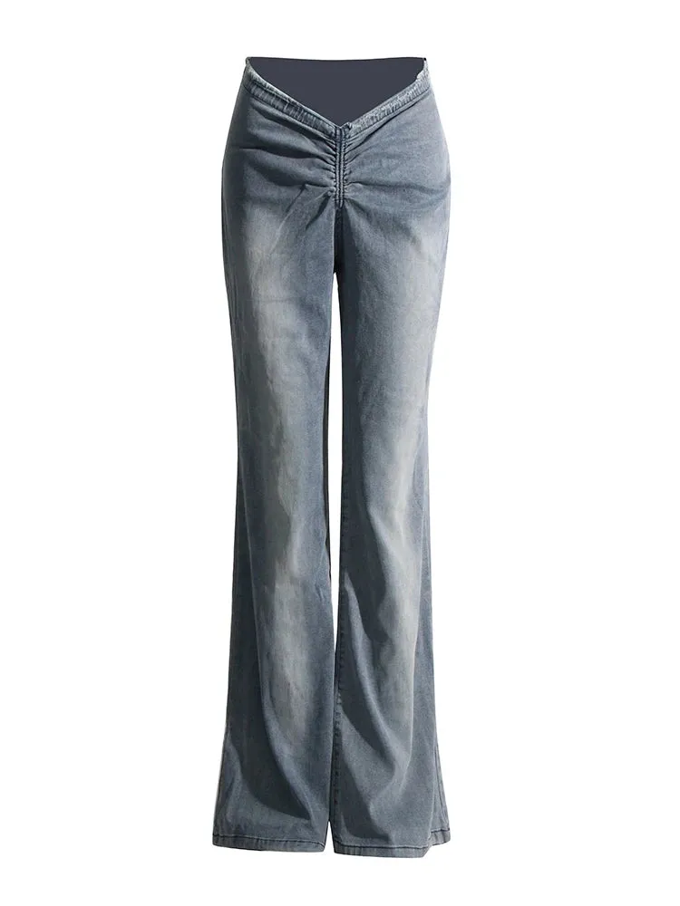 Casual Minimalist Jeans For Women High Waist Full Length Patchwork Folds Solid Flare Pant Female Fashion Clothing