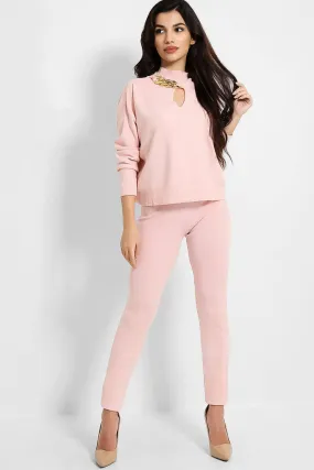 CHAIN CUT OUT JUMPER & LEGGINGS KNIT PALE PINK LOUNGE SET