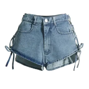 Denim Patchwork Lace Up Shorts For Women High Waist Button Minimalist Short Pants Female Summer Fashion Clothing