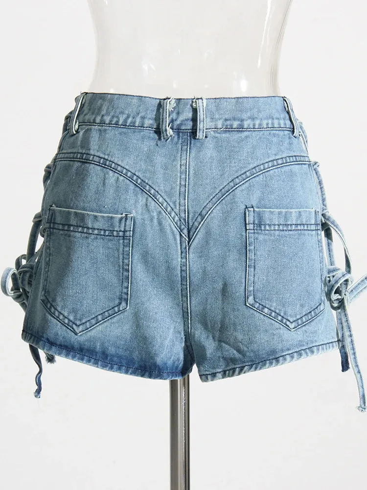 Denim Patchwork Lace Up Shorts For Women High Waist Button Minimalist Short Pants Female Summer Fashion Clothing