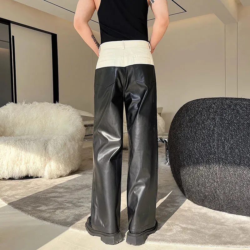 Designer Denim Matching PU Leather Color Contrast Versatile Straight Pants Wide Leg Male Trousers High Street 9A7434