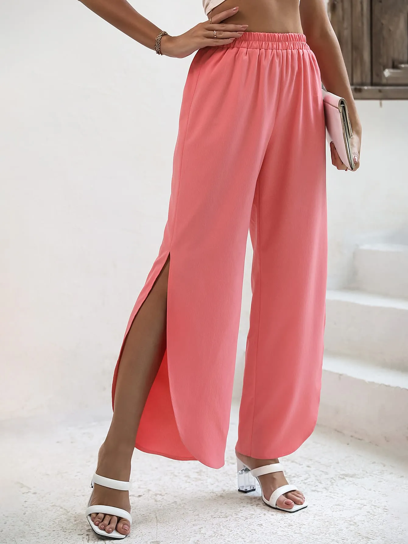 Elastic Waist Slit Wide Leg Pants