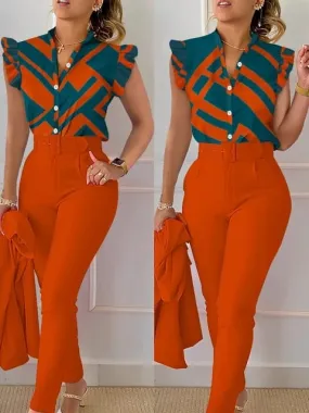 Elegant Women Printed Two Piece Suit Sets Shirt Top & Long Pants with Belt B-100094