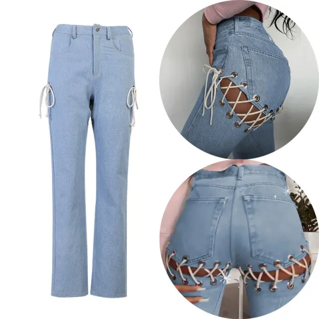 FashionSierra - Side Cross Chain Hollow Out Wide-leg Women&#39;s Jeans High Waist Pants Sexy Elegant Ladies Europe Fashion Jeans