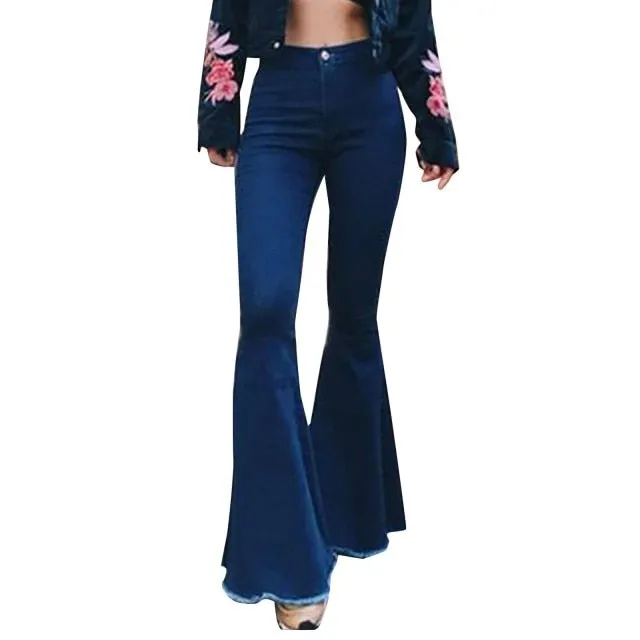 FashionSierra - Women&#39;s Casual Fashion High Waist Slim And Skinny Big Flare Denim Pants Fashion Street Women&#39;s Solid Color Denim Trousers