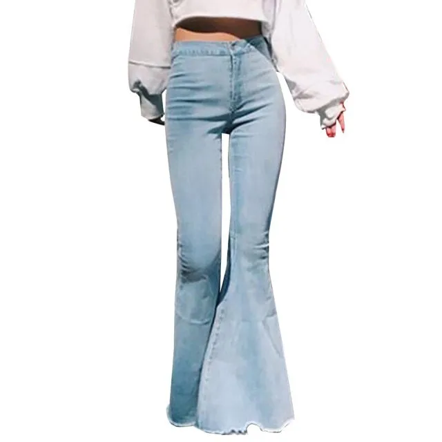 FashionSierra - Women&#39;s Casual Fashion High Waist Slim And Skinny Big Flare Denim Pants Fashion Street Women&#39;s Solid Color Denim Trousers