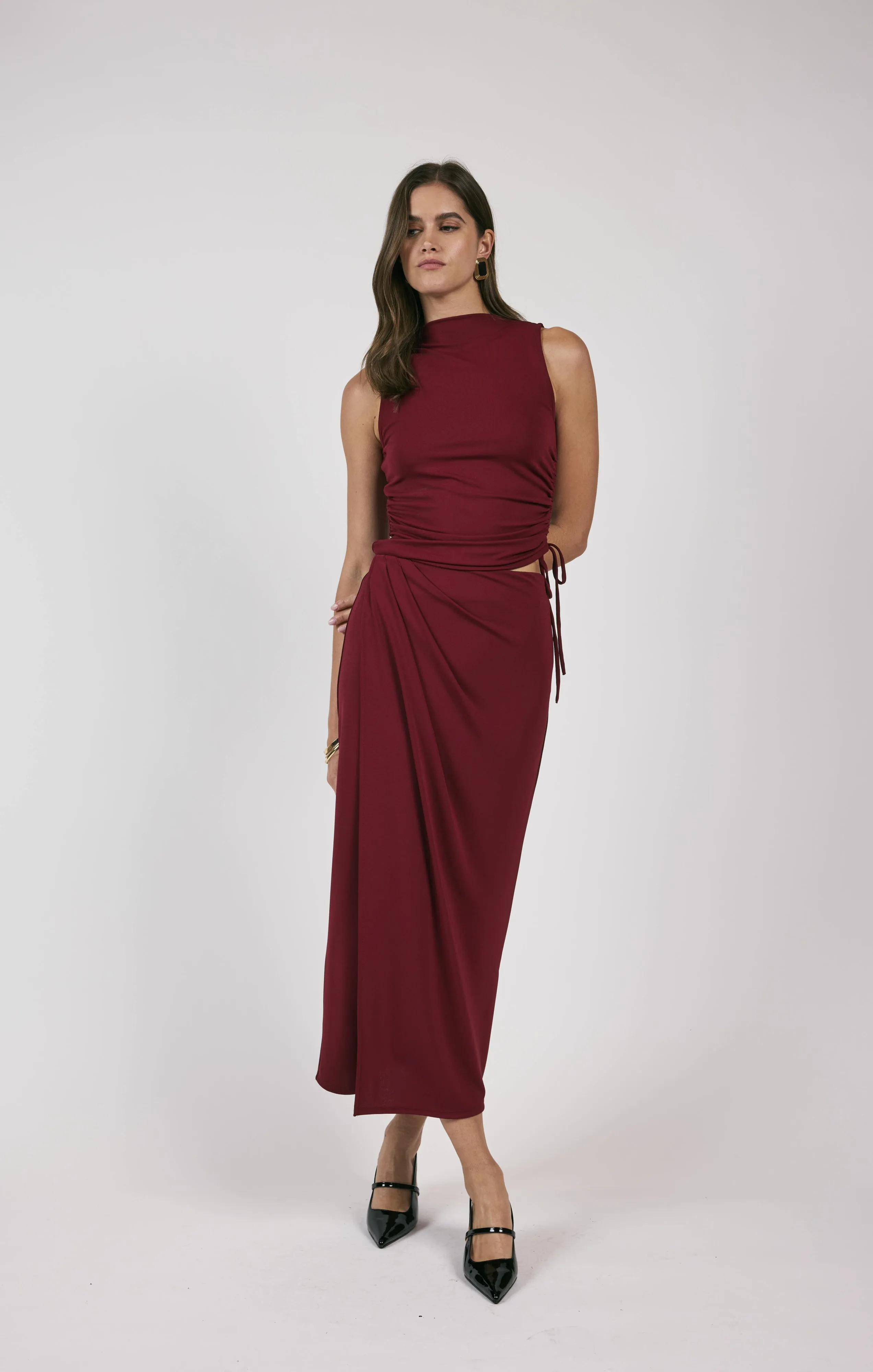 Fiery Spirit Pleated Overlap Knit Midi Skirt | Cabernet