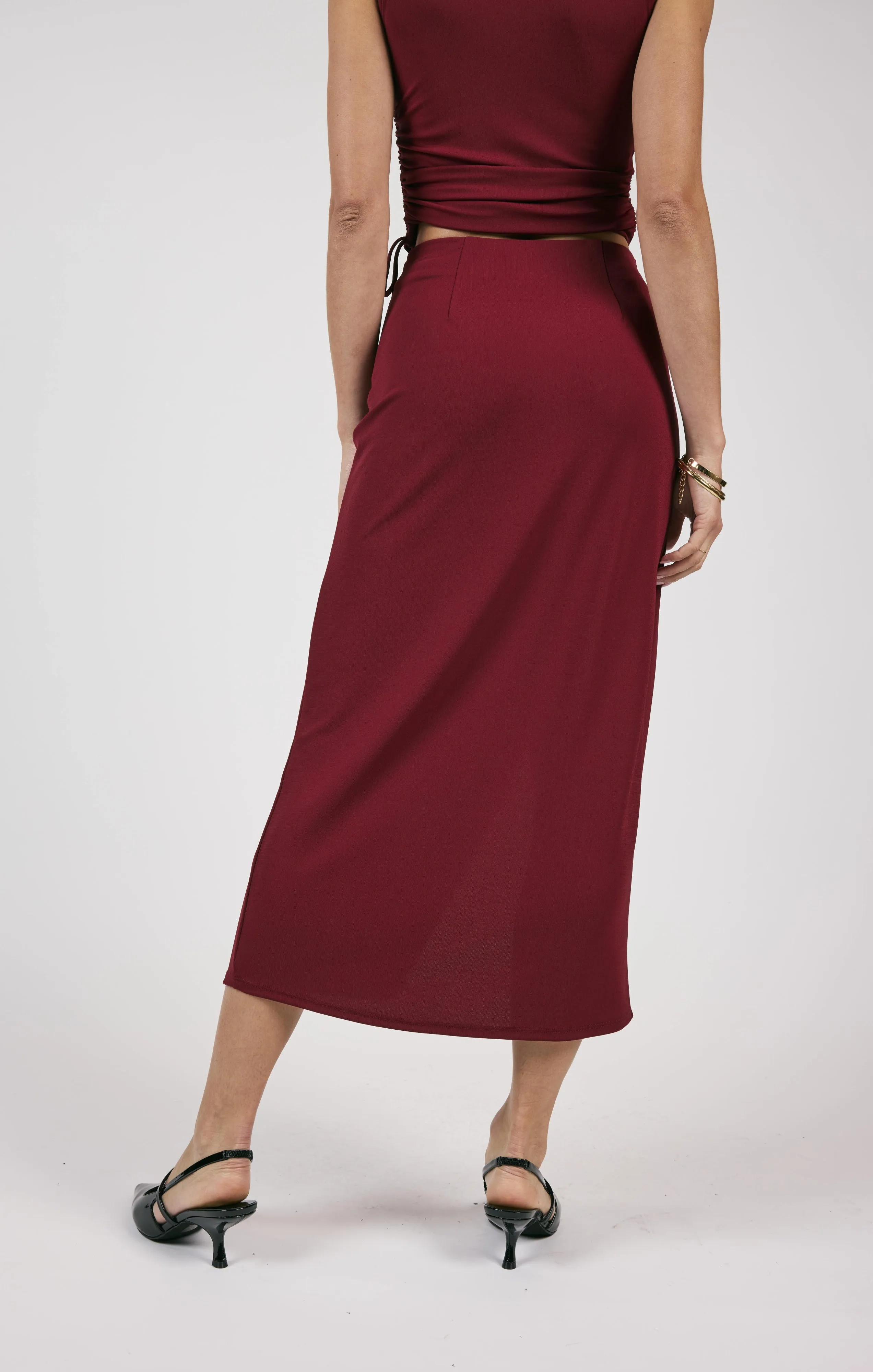 Fiery Spirit Pleated Overlap Knit Midi Skirt | Cabernet